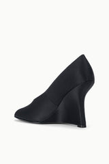 BRIGITTE PEEP TOE WEDGE | BLACK SATIN